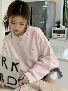 Korean Style Simple Embroidered Letter Pink Sweatshirt Womens Autumn Winter Fleece Loose High-End Sweetness Youthful Hatless Top