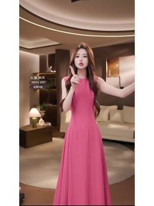 DENGLIULIU | Vintage French Style Raspberry Pink Sleeveless Dress with Waist Cinch and Large Skirt