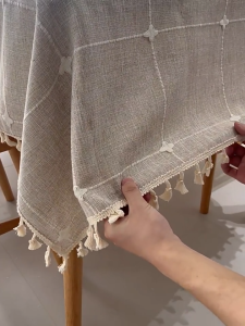 Round Tablecloth Heavy-Duty Linen-Look Waterproof Tablecloth Embroidery Lattice Tablecloth Soft Dust-Proof Wrinkle-Free Table Cover with Tassels