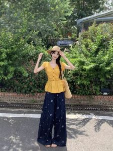 Fashionable V-Neck Pleated Short Sleeve Button up Womens Shirt Slimming Versatile Yellow Top for Summer 2025 Commute Style