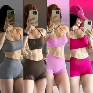 Womens Yoga Fitness Sports Wear Set Seamless Knitted High Elasticity Three-quarter Length Shorts Breathable Quick Dry Moisture Wicking