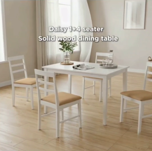 I HOME DAISY 1+4 Dining Table Solid Wood Sponge Seat Chair White Color / Dining Table With 4 Chair