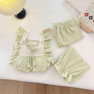 Purple Strapless Vest Top Cotton Sleepwear Womens Summer Home Clothes Integrated Sleeve Design with Chest Pad Three-Piece Set