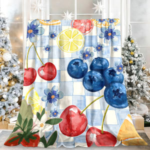 Beast Kingdom | Blue Checker Cherry Blueberry Citrus Flannel Blanket Soft Fuzzy Plush Cozy Warm Throw for Sofa Bed Couch Home Decor