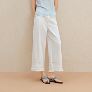 INMAN | Quần Ống Rộng Cạp Chun Ren Thêu Trống 100% Cotton Tân Cương