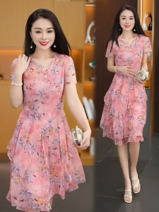 Elegant Floral Print Midi Dress Womens Summer 2025 Slimming Short Sleeve High Waist A-Line Skirt V-Neck Gown for Ladies