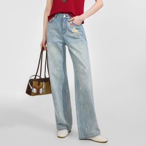 BEIQIANI | High Waist Flared Denim Jeans with Bear Print and Ink Splash