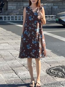 Fashionable Floral Print Mini Dress Womens Sleeveless Slimming Summer 2025 New Style Casual round Neck Short Dress