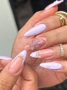 10 ชิ้นทําด้วยมืออัลมอนด์รูปสีม่วงภาษาฝรั่งเศสคํา 3D เส้น smudging เล็บหยิกที่ถอดออกได้เล็บปลอมฤดูร้อน essentialitem