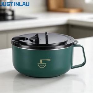 JUSTINLAU 1PC Bát Mì Ăn Liền Bằng Thép Không Gỉ Có Nắp Đậy Thân Thiện Với Môi Trường Cách Nhiệt Thoát Nước Hộp Cơm Trưa Tròn Bộ Đồ Ăn Phụ Kiện Nhà Bếp