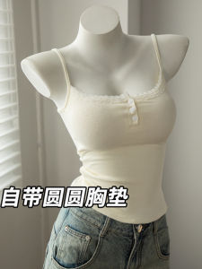 Womens Lace Crop Top Tank Vest Summer New Style with Chest Pad Slimming Inner Wear Outerwear Cotton Blend U-Neckline