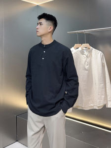 Autumn 2025 New Pure Cotton Long Sleeve Hooded Mandarin Collar Chinese Style Mens Shirt Comfortable Loose Fit Youth Fashion