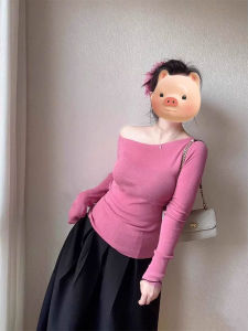 French Style Asymmetric Shoulder Long Sleeve Pink T-Shirt Womens Slim Fit Exposed Shoulder Knitted Top Early Autumn New Arrival