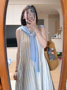 SENWA | French Sleeveless Blue Striped Summer New Dress