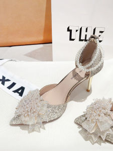 รองเท้าแตะส้นสูงประดับคริสตัลสีแชมเปญสำหรับผู้หญิง ฤดูร้อน 2025 รองเท้าแตะสไตล์เจ้าหญิงฝรั่งเศส หวานๆ สำหรับงานแต่งงาน รองเท้าแตะส้นสูง