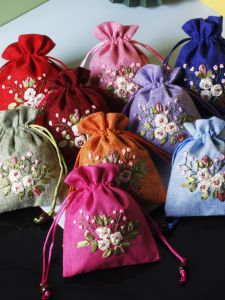 Empty Bag Embroidered Silk Ribbon Linen Cloth Bag Chinese Ancient Style Lotus Pouch Fragrance Sachet Bag Home Use Other