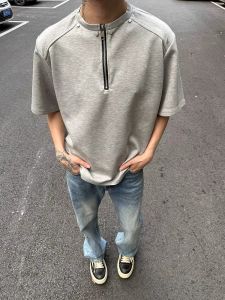 Advanced Feel Half Zip Shoulder Pad Mens T-shirt Cleanfit Heavyweight Short Sleeve American High Street Nail Design Half Sleeve