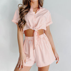 Hiloc Pink Stripe Pajamas For Women 2 Piece Sets Summer Sleepwear Casual Short Sleeve Crop Top Female Suits With Shorts