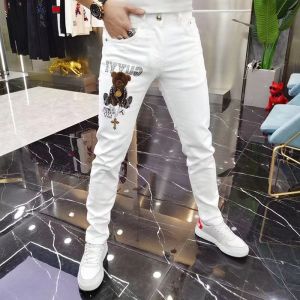 Naimo Mens Jeans Mens Autumn and Summer Cartoon Bear Embroidery Letters Hot Drill White Slim Elastic Feet
