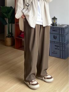 ขาตรงย้อนยุคผู้ชายสไตล์ตะวันตกตะวันออก ฤดูใบไม้ร่วง ฤดูร้อน สีกาแฟ Drapey Solid กางเกงขายาว ลำลอง กางเกงขายาว ต่ํา เอว กางเกงขายาว