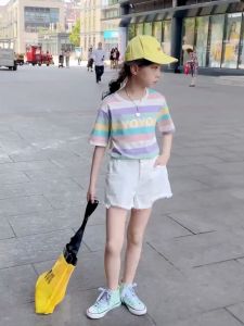 กางเกงขาสั้นผ้ายิ้นส์เด็กผู้หญิงกางเกงขาสั้นสีดำและสีขาวหลุมใหม่ ผ้าคอตตอนเด็กเกาหลีบางสำหรับฤดูร้อน หมอน 10 ครั้ง