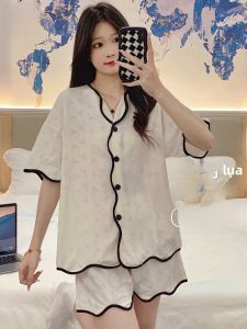 MiiOW | Bộ đồ ngủ lụa băng mùa hè cho nữ MiiOW có đệm ngực quần short áo chui đầu cổ bẻ nhỏ mặc ở nhà vải polyester mùa hè