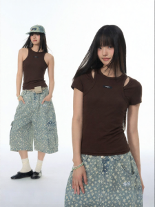 JNXS | Elastic Knit Slimming Vest T-shirt Two-piece Set