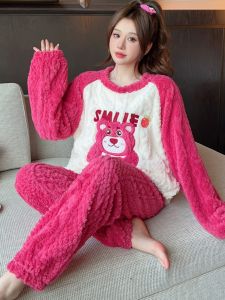 Thick Coral Fleece Pajamas Autumn Winter Style Womens Sleepwear Cute Cartoon Large Size Flannel Casual Home Clothes