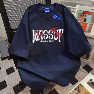 Wassup Icon White Cotton Short Sleeve T-Shirt Mens Loose Fit Summer Style Print round Neck UPF30+ UV Protection Casual Fashion