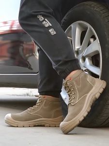 รองเท้าบูทเซฟตี้สำหรับผู้ชาย หัวเหล็กป้องกันการกระแทก ทนทานต่อการสึกหรอ ผูกเชือก พื้นยาง ส่วนบนทำจากผ้าที่ใส่สบาย ใช้ได้ทุกฤดูกาล