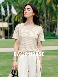 Basic House | Milk Coffee Stripe V-Neck T-Shirt