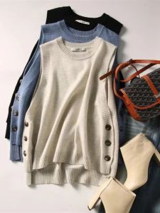 Street Style Sleeveless round Neck Vest Irregular Button up Knitwear Casual Loose Fit Autumn Winter Womens Fashion Top
