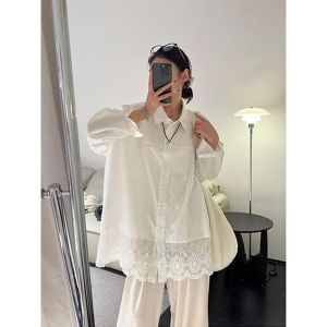 Korean Style Lace Splice Long Sleeve Womens Shirt Spring Autumn New Fashion Slimming Hollow out Versatile Base Layer Top