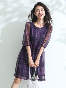 Miccbeirn | Princess Style Printed Silk Dress With Puffy Sleeves And A-Line Midi Skirt Vintage Plaid Pattern Summer Fashion For Women