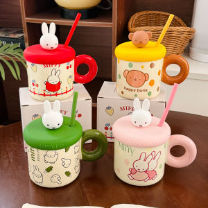 Cute Ceramic Miffy Mug with Lid And Straw Creative Cartoon Milk Cup Home Breakfast Cup Handmade Korean Style Universal 330ml