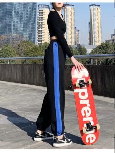 Loose Cuffed Pure Cotton Sweatpants High Waist Belted Slimming Casual Sports Long Trousers for Men And Women Trendy 714 Side Stripe 78579