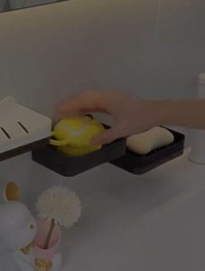 HW056- Bathroom Organizer Rack Soap Holder Wall Mounted Soap Home Sponge Organizer ABS Plastic with 2Hooks Quick Draining Soap Dish