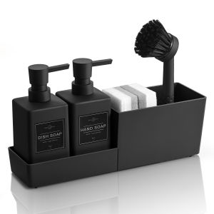 Kitchen Soap Dispenser Set with Sponge Holder and Brush for Sink Rack Hand Soap and Dish Soap Dispensers Black 4-in-1