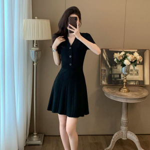 French Elegant V-neck Knitted Dress Womens Mini A-line Skirt Hepburn Style Little Black Dress High Waist Summer Fashion
