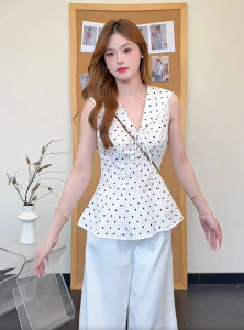 Sweet Style Slim Fit Navy Collar Dot Pattern Sleeveless Top Womens Summer Outerwear Trendy Princess Cut Short Sleeve Shirt