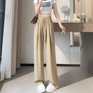 LANGPIN | กางเกงขายาวทรงหลวมเอวยางยืดผ้าไหมน้ำแข็งสำหรับผู้หญิง กางเกงขายาวทรงตรงบางสบายๆ ฤดูใบไม้ผลิและฤดูร้อน กางเกงขายาวทรงหลวม