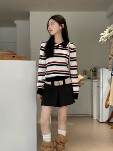 Áo Thun Polo Cổ Polo Dài Tay Màu Khối Kẻ Sọc Cổ Điển Cho Nữ Mùa Thu Đầu Tiên Áo Len Dệt Kim Mềm Mại Thoải Mái Thường Ngày