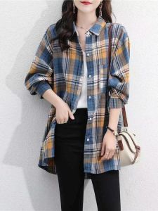 Womens Vintage Plaid Long Sleeve Shirt Pure Cotton Midi Top Spring Autumn Casual Commute Style Loose Fit Button up Shirt