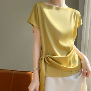 Chic Pure Color Silk Short Sleeve Blouse for Women Summer Style Loose Fit One-Word Collar Pullover Top