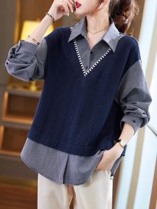 Outlets First-Line Big Brand Big Sale Leak-Picking False Two-Piece Sweaters Womens Spring & Fall Long Sleeves Patchwork Shirt Loose Tops