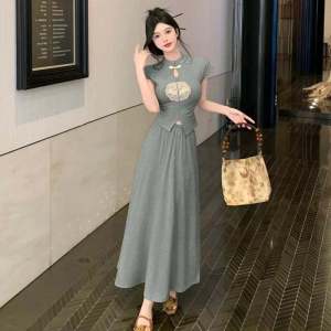 New 2024 Summer Chinese Style Womens Set High Waist A-Line Skirt Slimming Half-length Trendy Top And Skirt Two-Piece Set