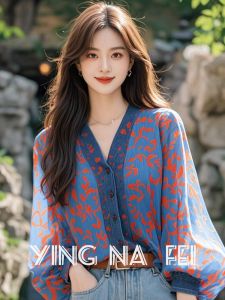 Shopping Mall Discount Label Cutting Special Offer Print V-neck Long Sleeve Shirt 2024 Autumn Stylish Niche Style Western Style Fashion Tops