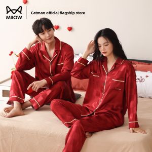 miiow | Cat Person Wedding Sleepwear Long Sleeve Ice Silk Couples Home Clothes Red New Bride Mens Leisure Fashion Classic Style Set