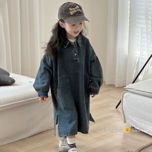 Girl K-style Autumn Clothing Loose and Lazy Style Dress 2024 Womens Baoyang Style Lapel Elegant Denim Shirt Dress