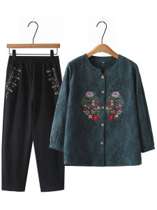 Elderly Womens Cotton Embroidered Long Sleeve Shirt And Cardigan Set Comfortable Breathable Spring Autumn Wear for Grandmas